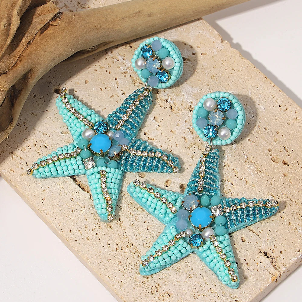 Boho Beach Statement Earrings – Handmade Beaded Starfish Seahorse Shell Drop Earrings for Women