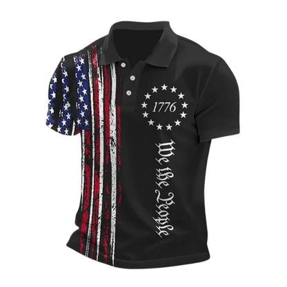 Men’s We The People 1776 Polo Shirt, Vintage American Flag Patriotic Graphic Shirt, Independence Day Short Sleeve Polo Tee