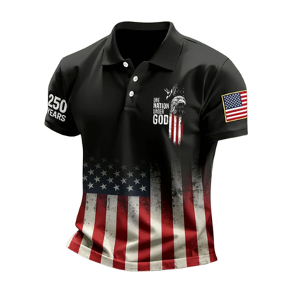 Men’s 250 Years American Flag Polo Shirt, Eagle One Nation Under God Patriotic Graphic Shirt, Independence Day Short Sleeve Polo Tee