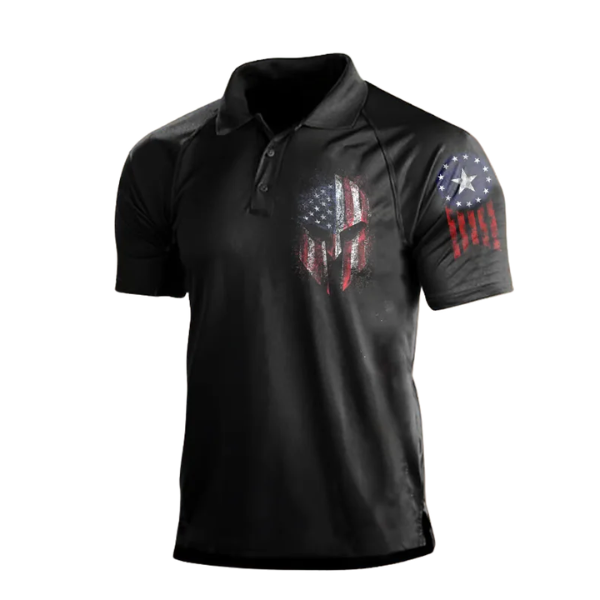 Men’s Vintage Skull American Flag Polo Shirt, Patriotic Independence Day Button Down Shirt, USA Graphic Short Sleeve Tee