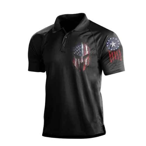 Men’s Vintage Skull American Flag Polo Shirt, Patriotic Independence Day Button Down Shirt, USA Graphic Short Sleeve Tee