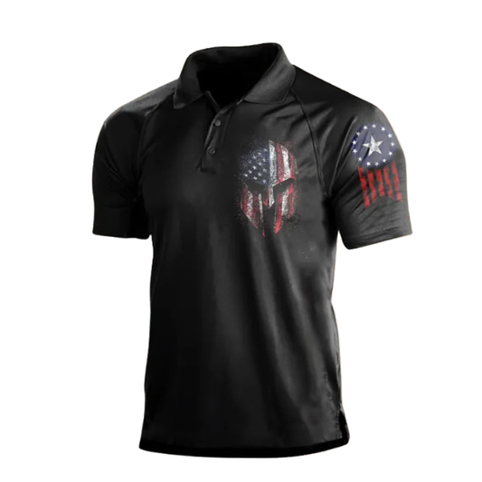 Men’s Vintage Skull American Flag Polo Shirt, Patriotic Independence Day Button Down Shirt, USA Graphic Short Sleeve Tee