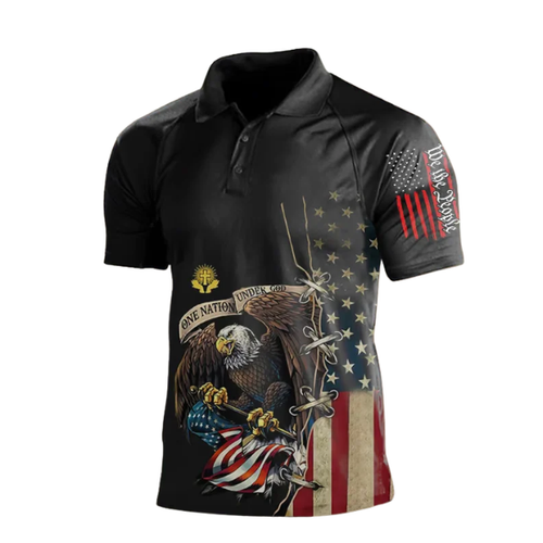 Men’s American Flag Eagle Polo Shirt, Patriotic “One Nation Under God” Graphic Tee, 4th of July Shirt