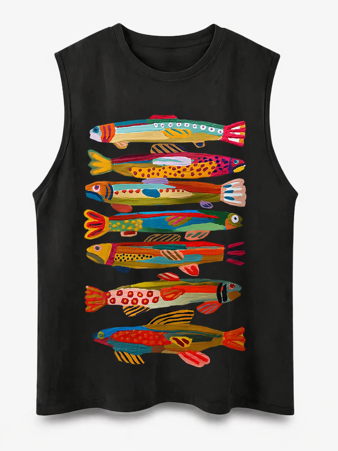 Colorful Fish Graphic Tank Top, Men’s Sleeveless Summer Shirt, Artistic Ocean Print Casual Beach Tee