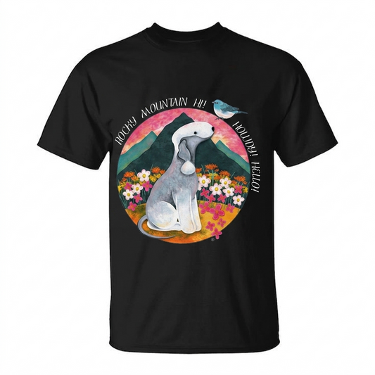 Bedlington Terrier "Rocky Mountain Hi" Vintage Graphic T-Shirt - Artistic Dog Lover Tee, Graphic Tee Tops, Fashion Cotton, Full Colors, Full Sizes, For Men, For Women