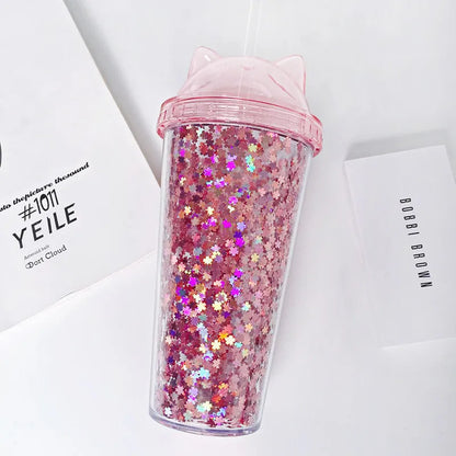 Cute Cat Ear Glitter Straw Cup Creative Plastic Water Bottle for Girls