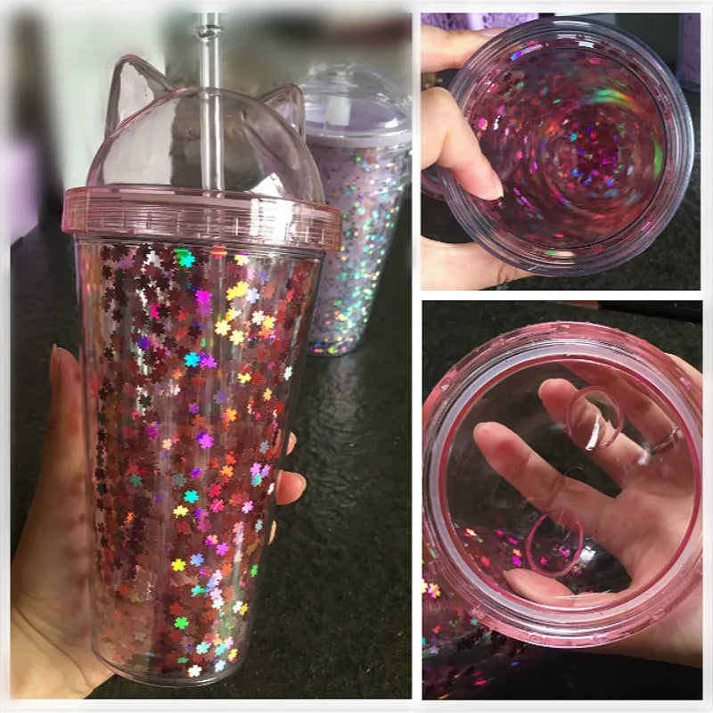 Cute Cat Ear Glitter Straw Cup Creative Plastic Water Bottle for Girls