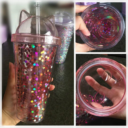 Cute Cat Ear Glitter Straw Cup Creative Plastic Water Bottle for Girls