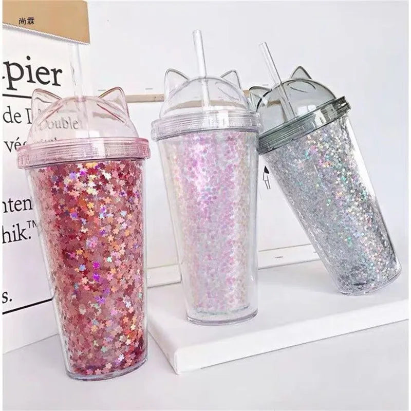 Cute Cat Ear Glitter Straw Cup Creative Plastic Water Bottle for Girls