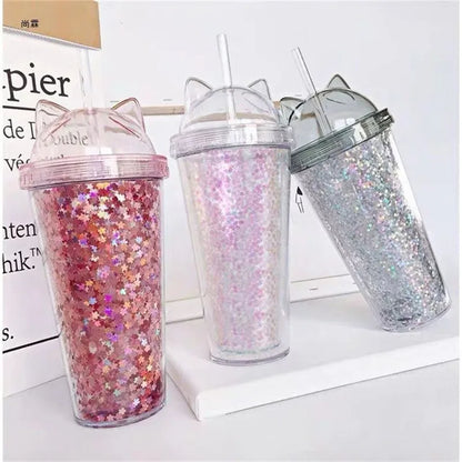 Cute Cat Ear Glitter Straw Cup Creative Plastic Water Bottle for Girls