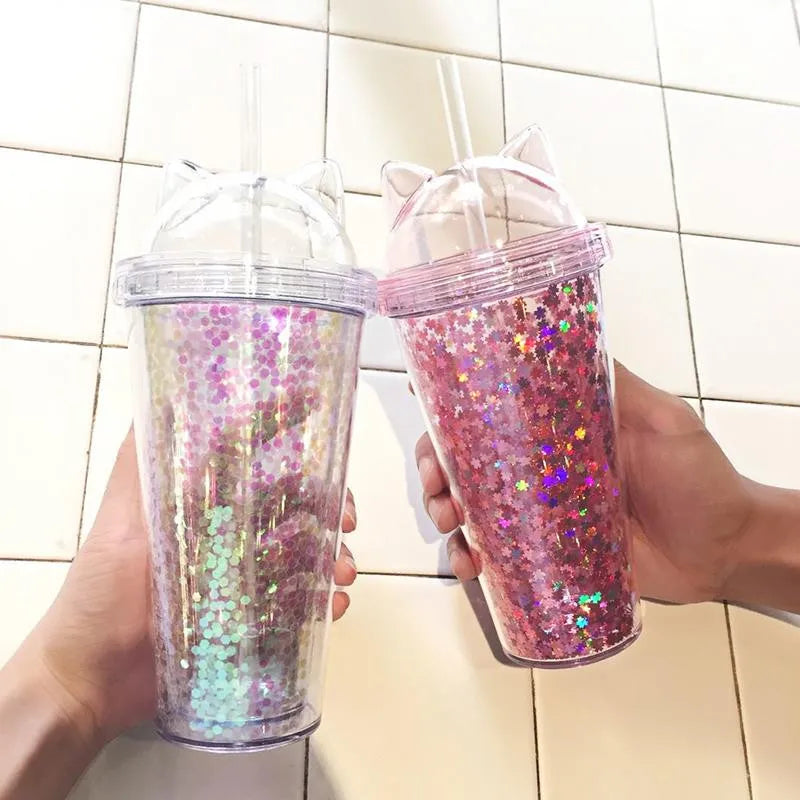 Cute Cat Ear Glitter Straw Cup Creative Plastic Water Bottle for Girls