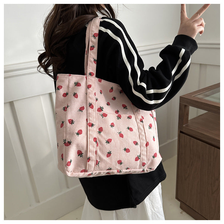 Cherry Print Canvas Tote Bag – Cute Aesthetic Shoulder Handbag for Women