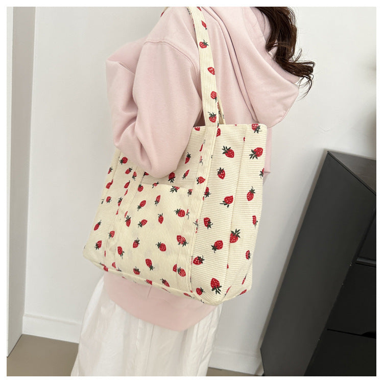 Cherry Print Canvas Tote Bag – Cute Aesthetic Shoulder Handbag for Women