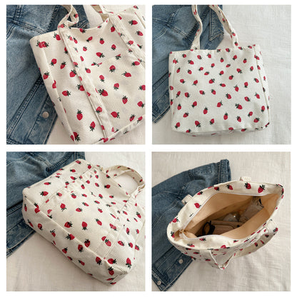 Cherry Print Canvas Tote Bag – Cute Aesthetic Shoulder Handbag for Women