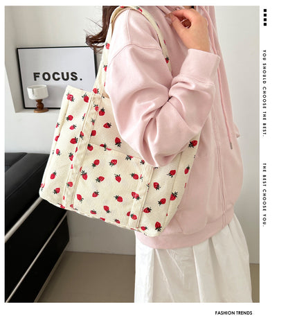 Cherry Print Canvas Tote Bag – Cute Aesthetic Shoulder Handbag for Women