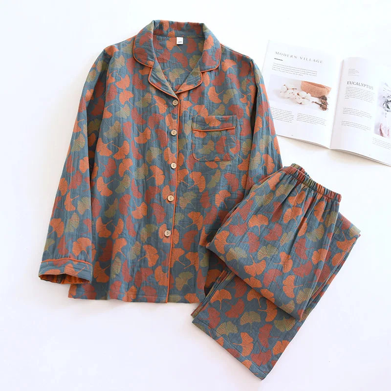 2026 Women’s Cotton Crepe Pajama Set – Floral Long Sleeve Sleepwear with Trousers, Soft Spring Summer Homewear