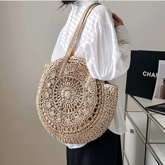 Boho Round Straw Tote Bag – Handmade Crochet Shoulder Beach Bag for Women