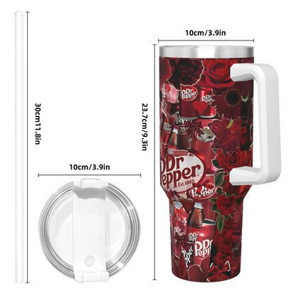 Dr Pepper Rose Tumbler – 40oz Insulated Stainless Steel Travel Mug with Handle