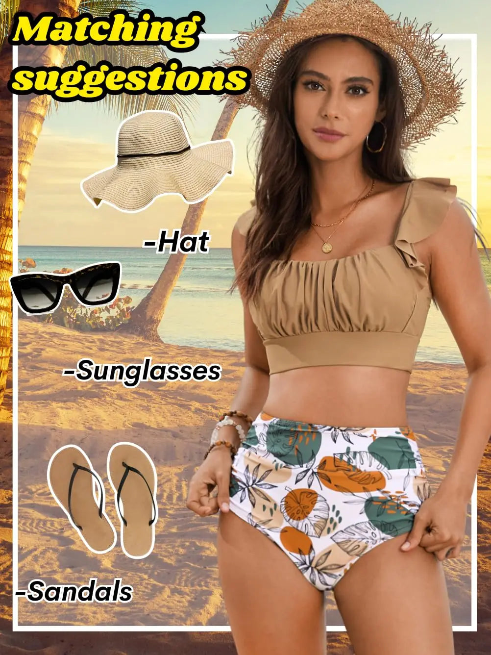Floral Ruffle High Waisted Bikini Set Women Tummy Control Modest Swimwear