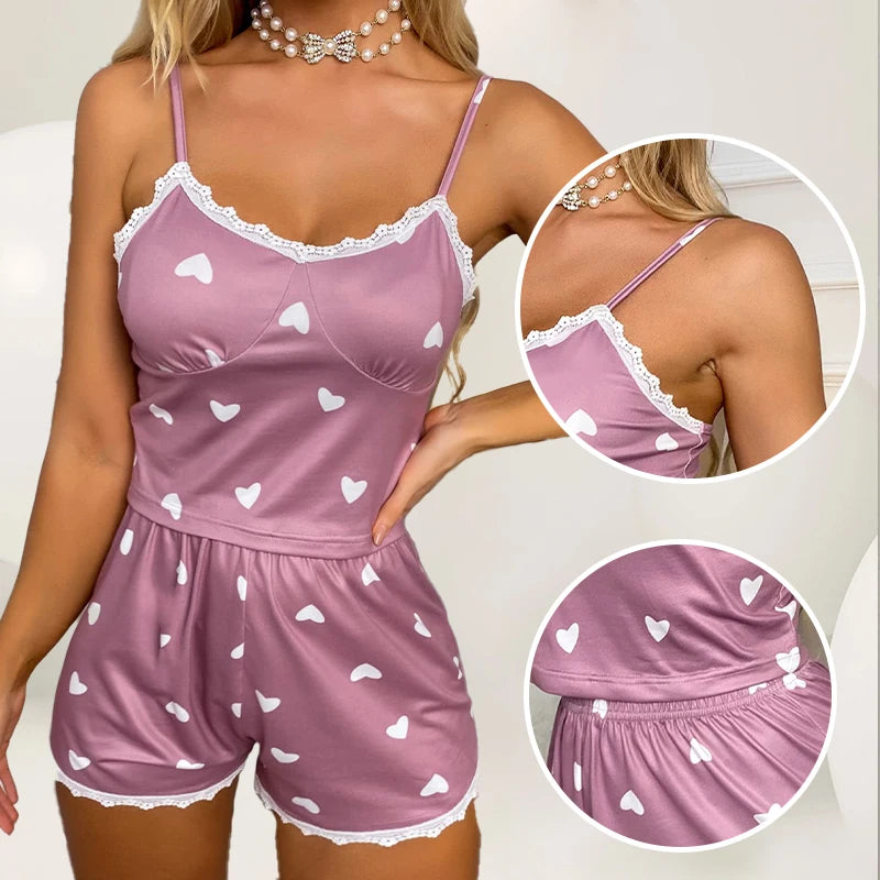 Women’s Heart Print Pajama Romper – Cute Spaghetti Strap Sleepwear Shorts Jumpsuit for Summer Loungewear