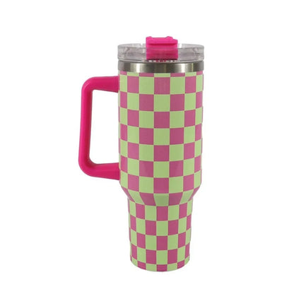 40oz Checkered Stainless Steel Tumbler with Handle Insulated Travel Mug