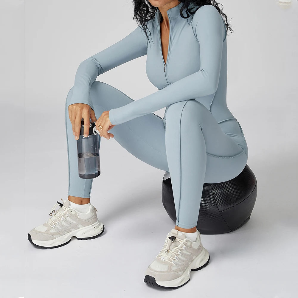 Chocolate Brown Sculpting Zip-Front Long Sleeve Jumpsuit