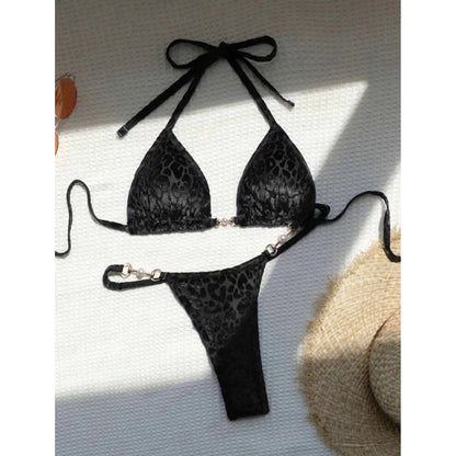 Leopard Pearl Micro Thong Bikini Set Women Two Piece Swimsuit Y2K Beachwear