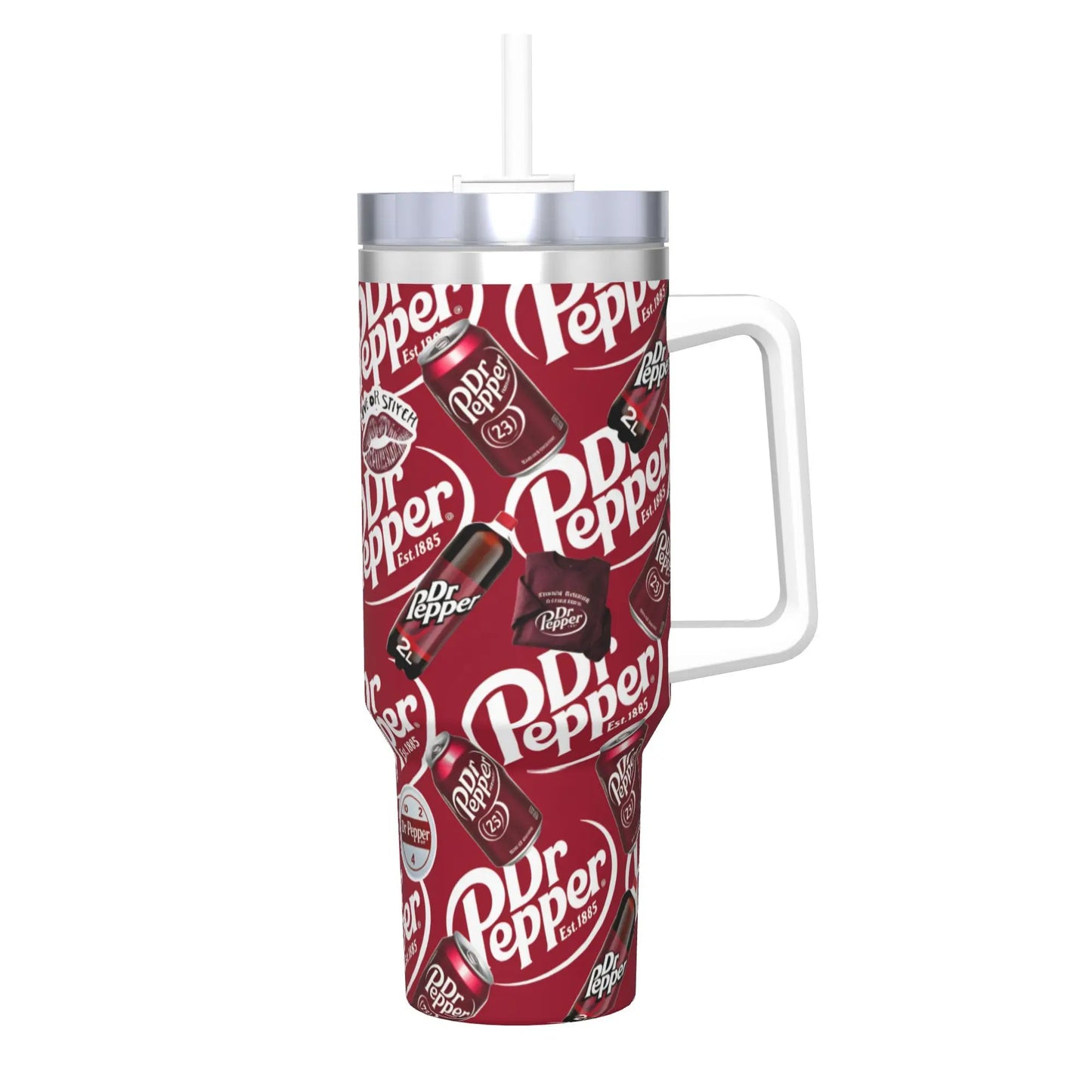 Dr Pepper Inspired Striped Tumbler – 40oz Stainless Steel Travel Mug with Handle