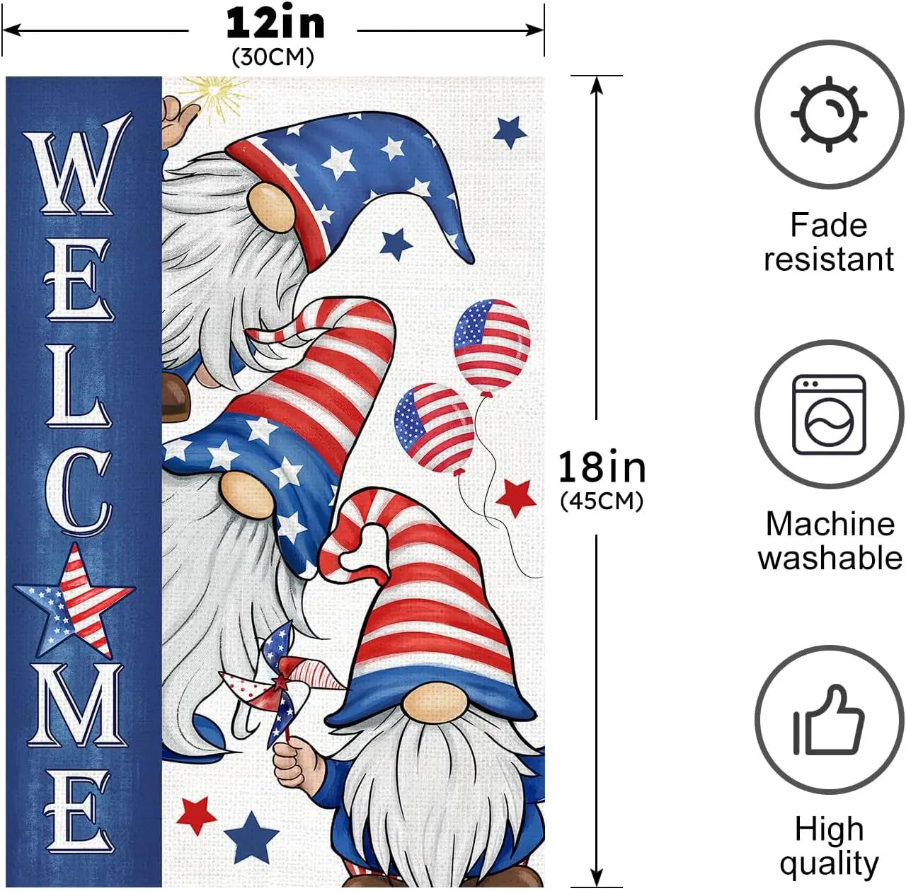 Patriotic Gnome 4th of July Garden Flag 12x18 Inch Double Sided Memorial Day Independence Day Burlap Garden Flags