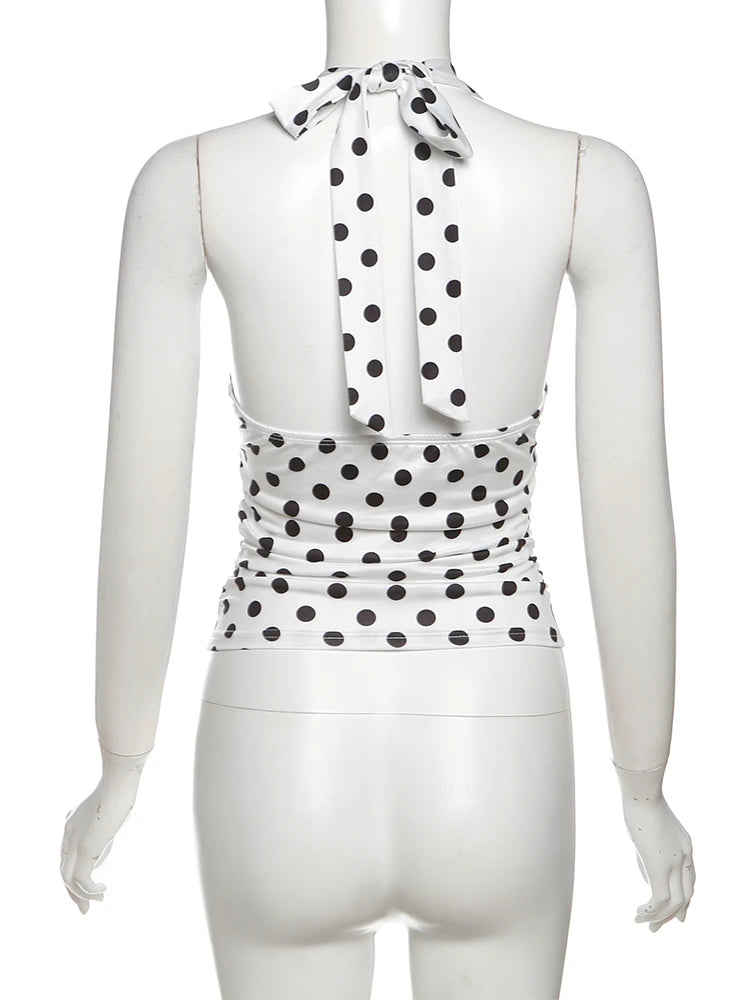 Polka Dots Tank Tops Women Sexy Low-Neck Off Shoulders Backless Street Fashion Versatile Style Ruched Elegant Outfits