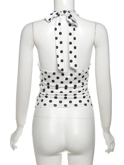 Polka Dots Tank Tops Women Sexy Low-Neck Off Shoulders Backless Street Fashion Versatile Style Ruched Elegant Outfits