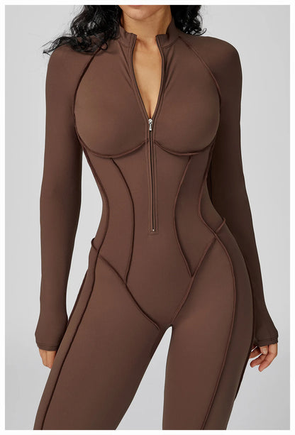 Chocolate Brown Sculpting Zip-Front Long Sleeve Jumpsuit