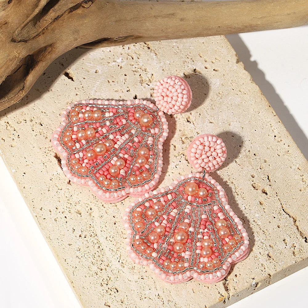 Boho Beach Statement Earrings – Handmade Beaded Starfish Seahorse Shell Drop Earrings for Women
