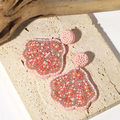 Boho Beach Statement Earrings – Handmade Beaded Starfish Seahorse Shell Drop Earrings for Women