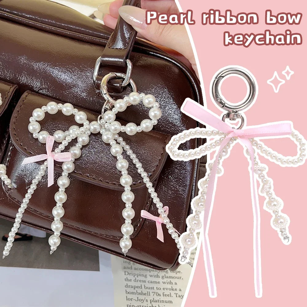 2026 New Korean Fashion Sweet Pearl Bow Keychain, Pearl Bow Keychain – Elegant Coquette Bag Charm with Pink Ribbon