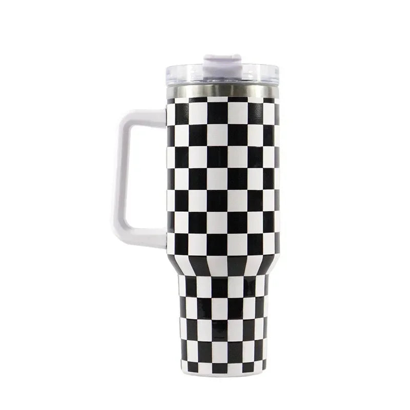 40oz Checkered Stainless Steel Tumbler with Handle Insulated Travel Mug