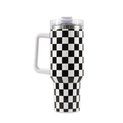 40oz Checkered Stainless Steel Tumbler with Handle Insulated Travel Mug