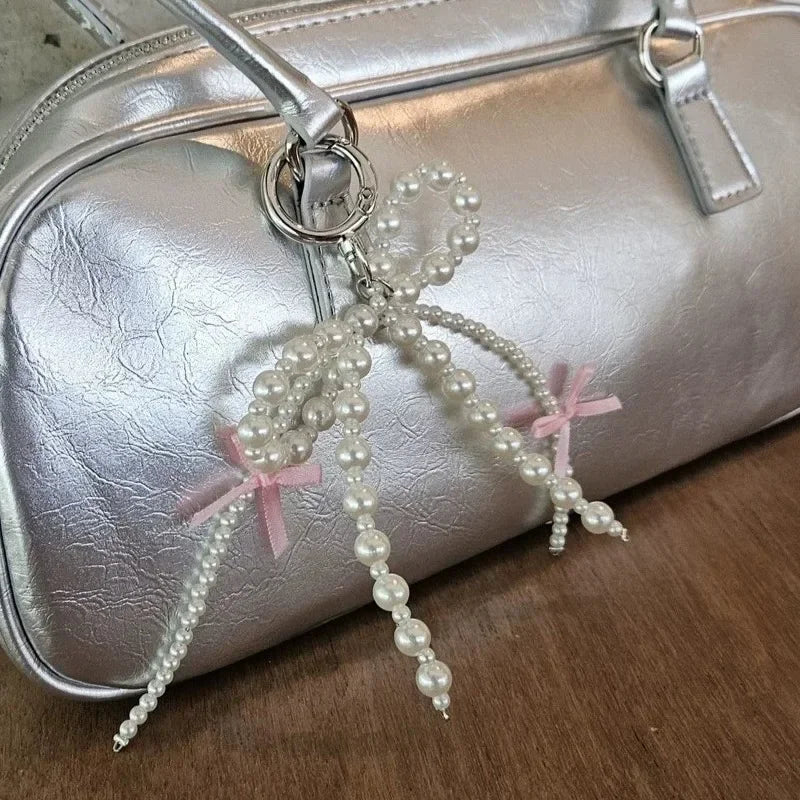 2026 New Korean Fashion Sweet Pearl Bow Keychain, Pearl Bow Keychain – Elegant Coquette Bag Charm with Pink Ribbon