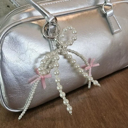 2026 New Korean Fashion Sweet Pearl Bow Keychain, Pearl Bow Keychain – Elegant Coquette Bag Charm with Pink Ribbon