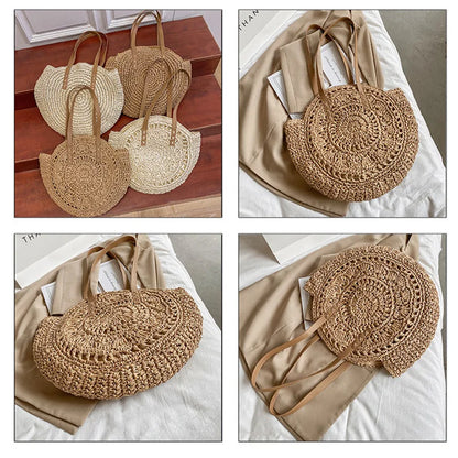 Boho Round Straw Tote Bag – Handmade Crochet Shoulder Beach Bag for Women