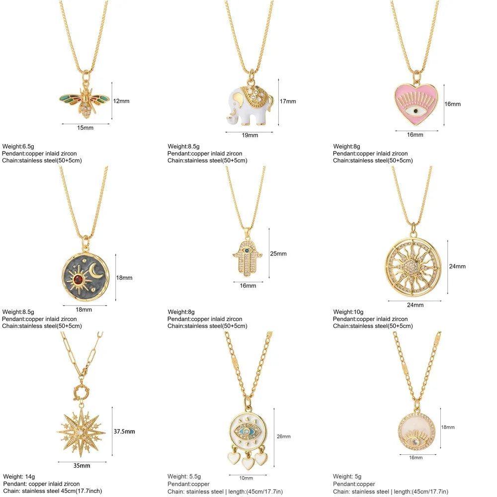 Gold Charm Pendant Necklace Collection – Celestial Eye Heart Sun Moon Layered Necklaces for Women