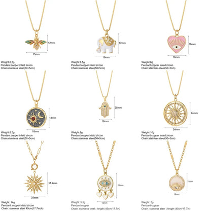 Gold Charm Pendant Necklace Collection – Celestial Eye Heart Sun Moon Layered Necklaces for Women
