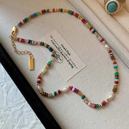 Boho Colorful Beaded Necklace – Handmade Pearl & Gemstone Choker Jewelry for Women, Trendy Vintage Layering Necklace Gift