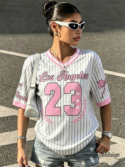 Summer New Los Angeles 23 Print Stripe T-shirt For Women V-Neck Short Sleeve Tees Sports Football Jersey Y2K Loose Oversized Top