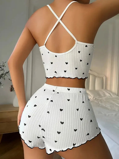 Cute Heart Print Pajama Set – Women’s Ribbed Cami Top & Shorts Sleepwear, Soft Summer Lounge Set