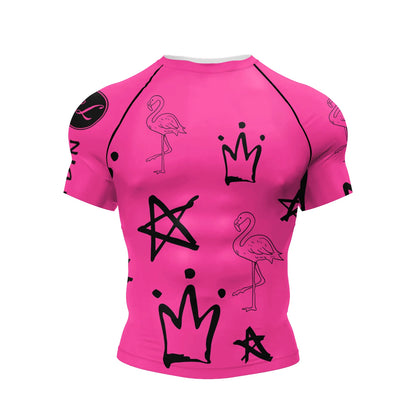 Pink BJJ Rash Guard Men Short Sleeve Jiu Jitsu Compression Training Shirt