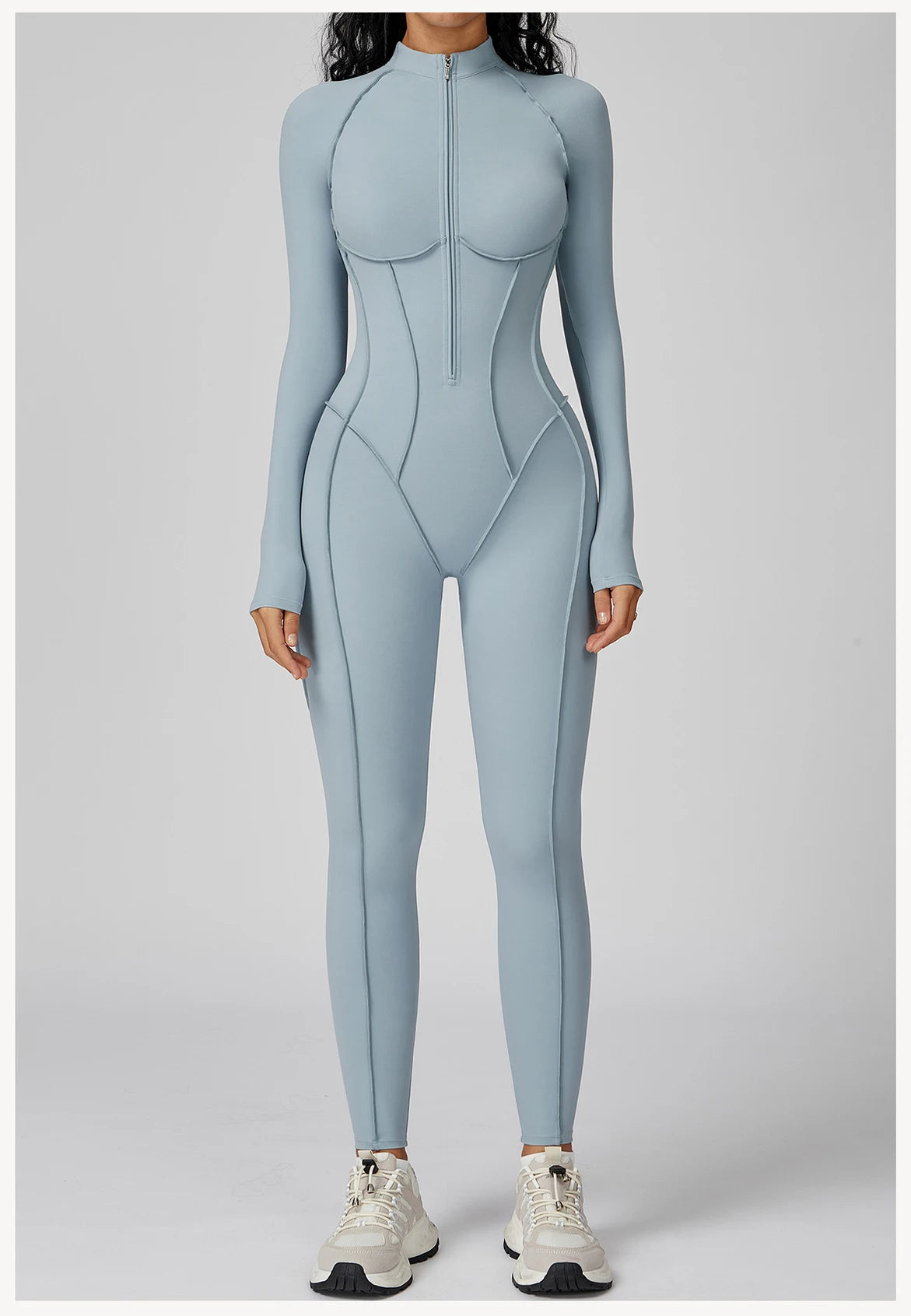 Chocolate Brown Sculpting Zip-Front Long Sleeve Jumpsuit
