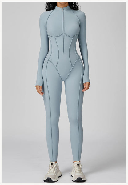 Chocolate Brown Sculpting Zip-Front Long Sleeve Jumpsuit