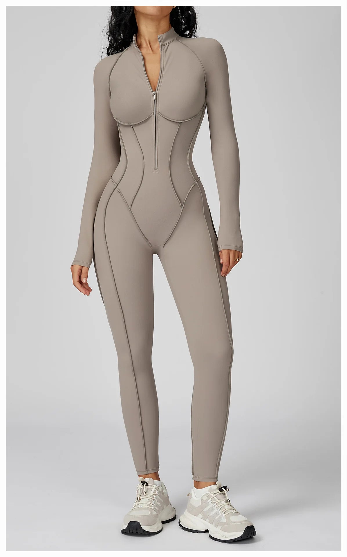 Chocolate Brown Sculpting Zip-Front Long Sleeve Jumpsuit