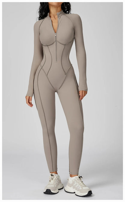Chocolate Brown Sculpting Zip-Front Long Sleeve Jumpsuit